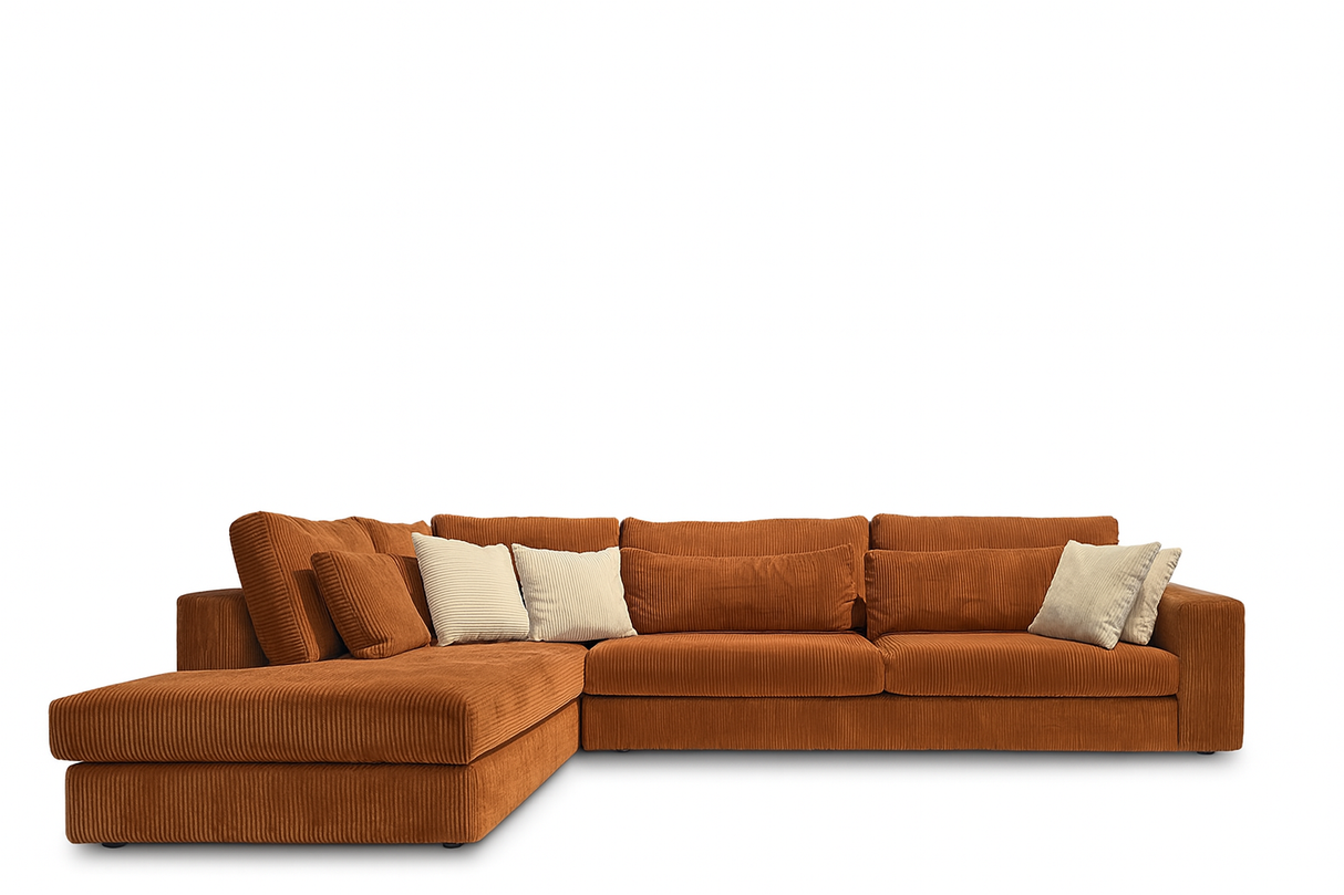 Canapé d'angle en velours côtelé terracotta