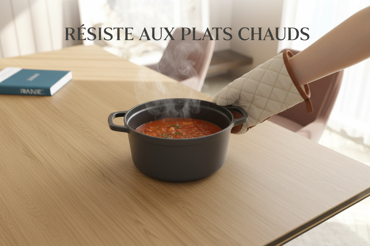 Ontario céramique extensible – test résistance chaleur, casserole fumante posée sur le plateau
