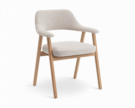 Chaise salle à manger bois Corail – vue 3/4 – tissu beige – pieds chêne massif