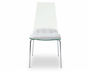 Chaises transparentes Angelina – vue de face – assise matelassée blanche – pieds métal blanche
