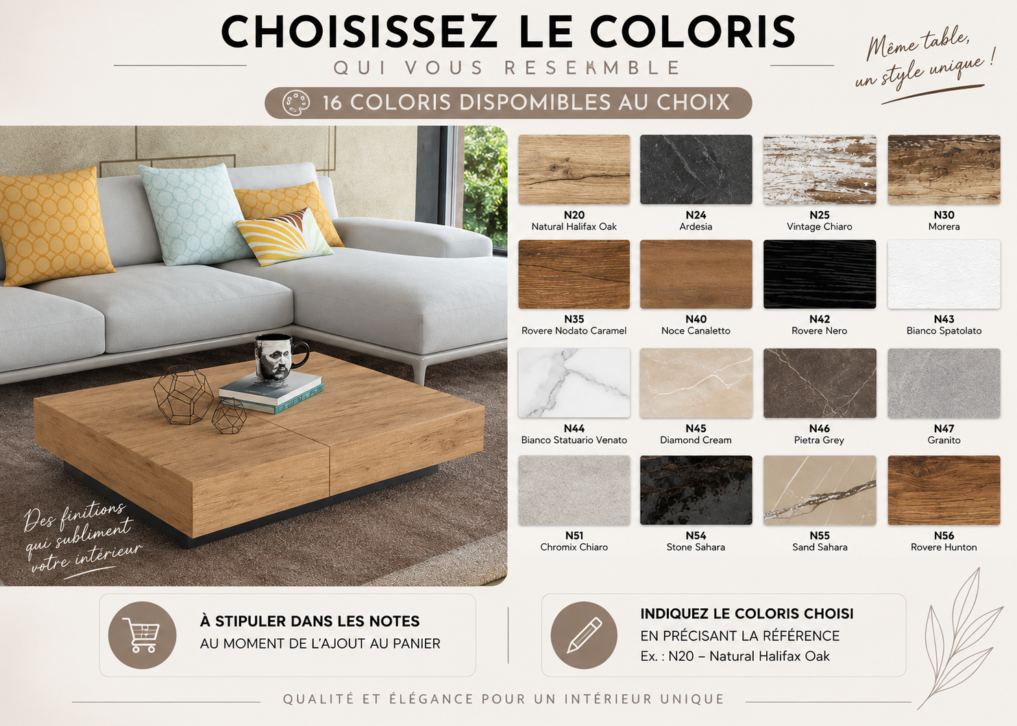 Table basse relevable extensible Steven – nuancier des coloris disponibles