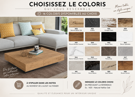 Table basse relevable extensible Steven – nuancier des coloris disponibles