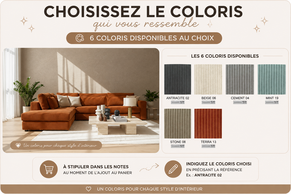 canape d'angle en velours cotelé avec choix de coloris - confortluxe