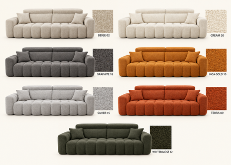 Coloris du canapé Féline en bouclette : Beige 02, Cream 20, Graphite 18, Inca Gold 10, Silver 15, Terra 09 et Winter Moss 12