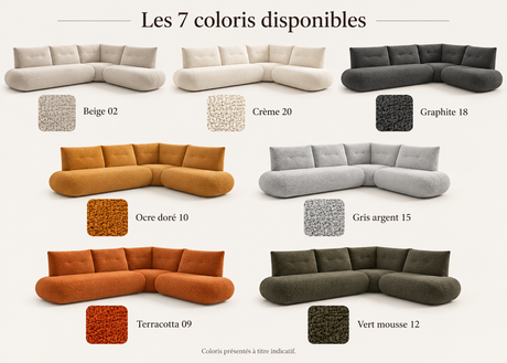 Nuancier des 7 coloris du canapé d'angle Moony en tissu bouclette