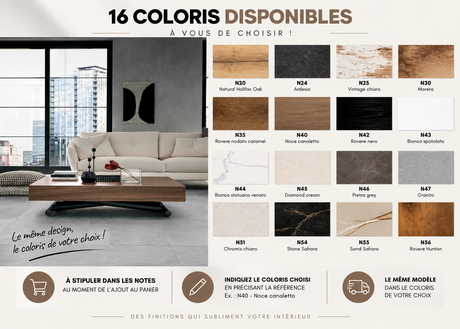 Table basse relevable et transformable Febo – nuancier des coloris disponibles