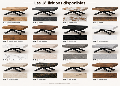 Coloris de la table basse relevable Levante – 16 finitions