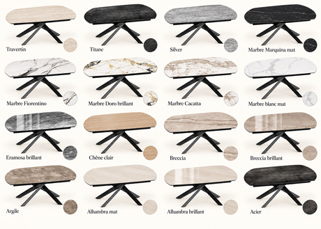 Nuancier des 16 finitions de plateau céramique de la table Grande Kheops Akante