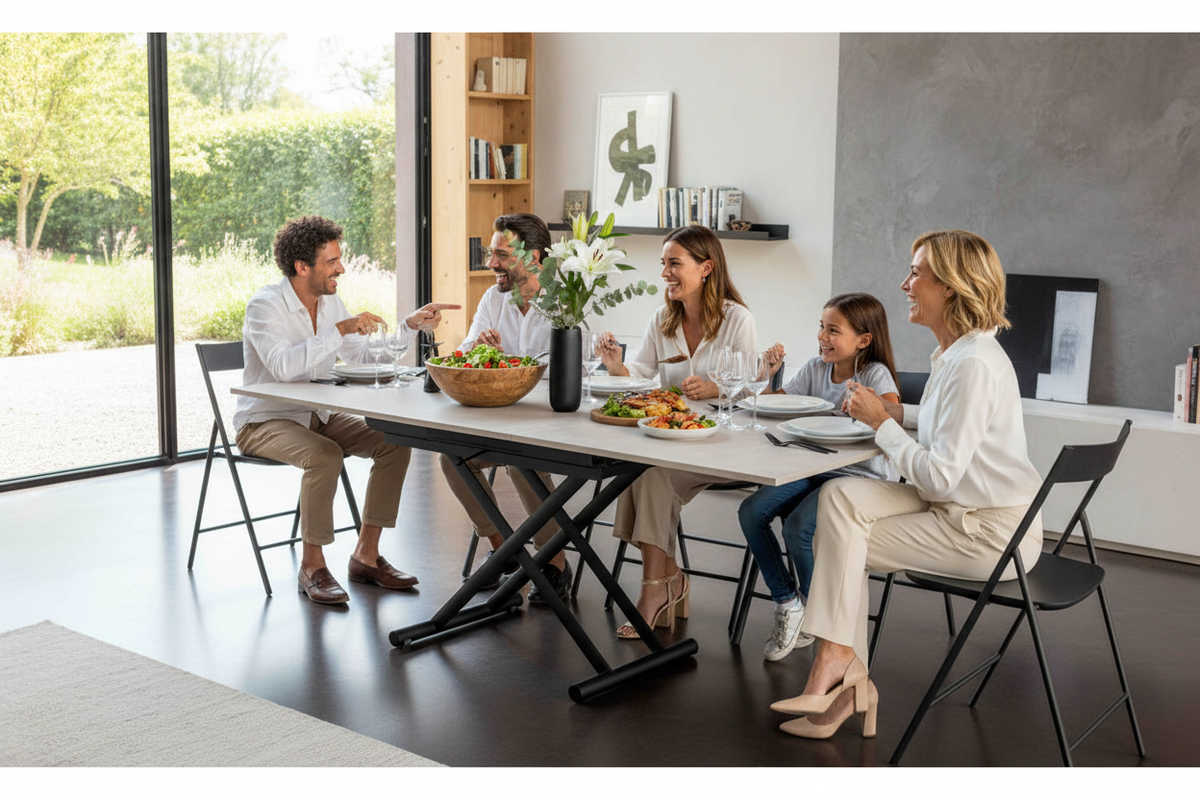 Déjeuner convivial table effet marbre