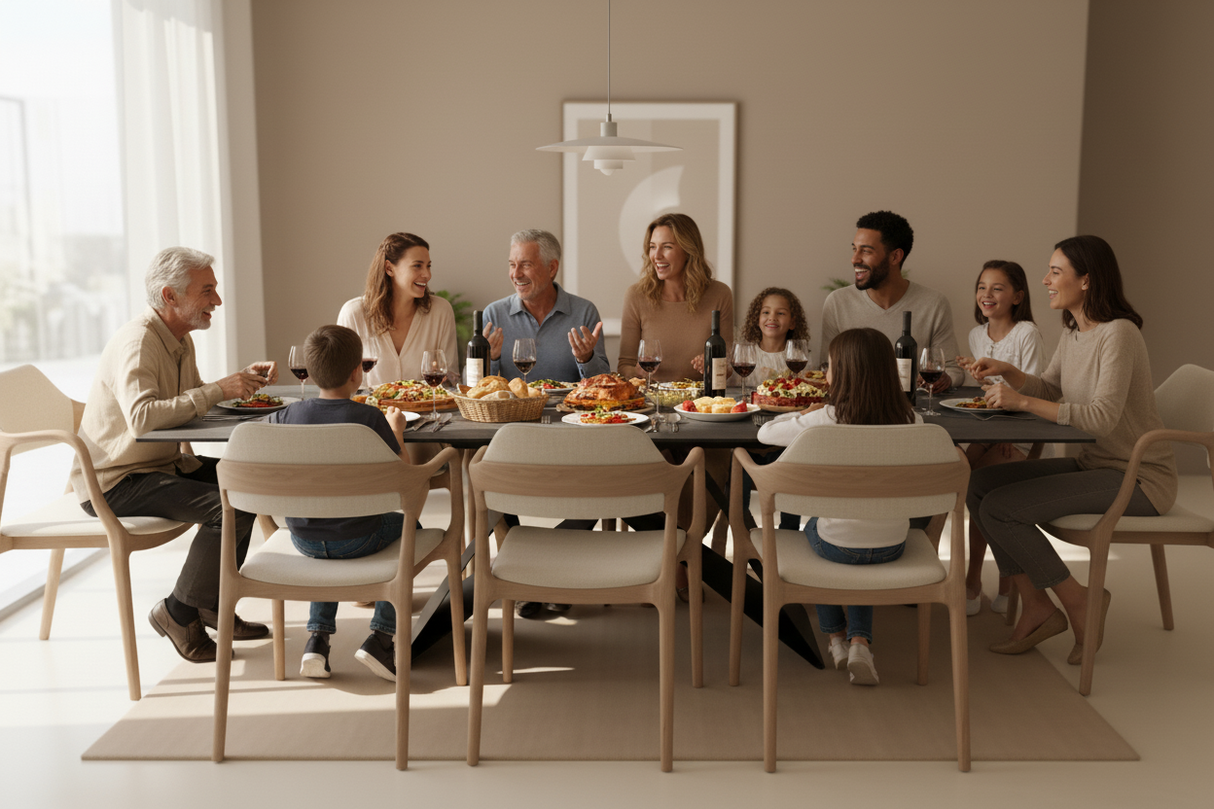 Repas en famille autour de la table extensible Eddy – céramique grise 180 à 280 cm - lievens 