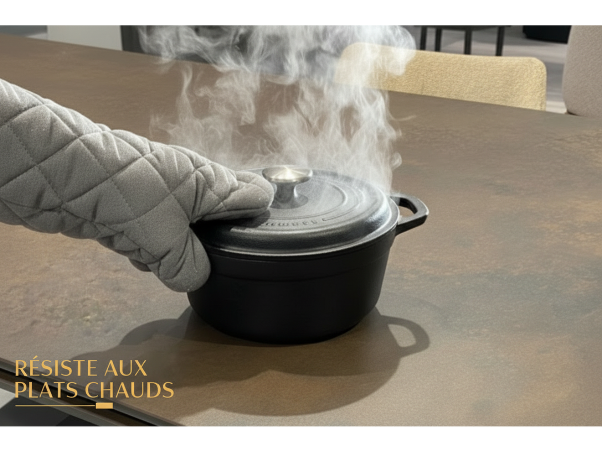 test plat chaud sur le plateau rouille bronze d'ue table a manger ceramique extensible