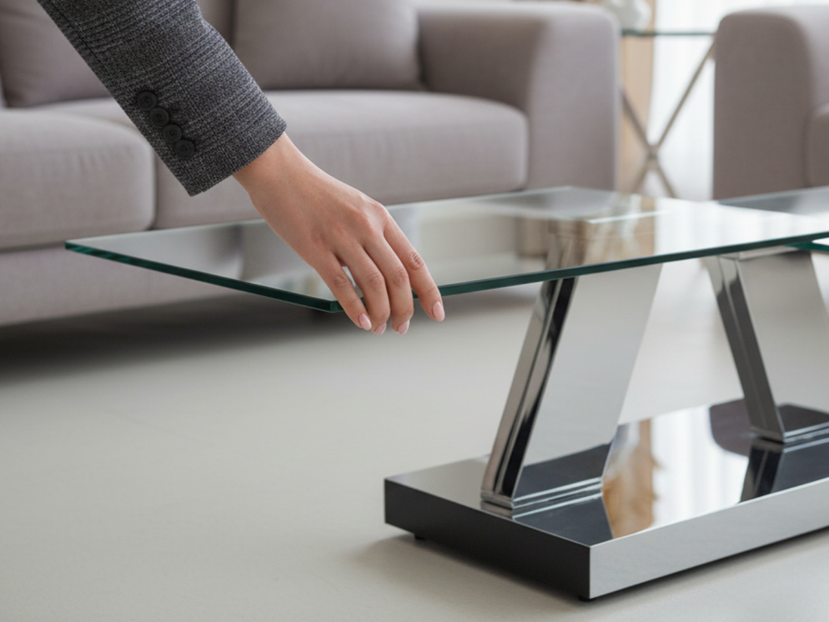 Clara table basse pivotante rectangulaire en verre – configuration ouverte, pieds chromés