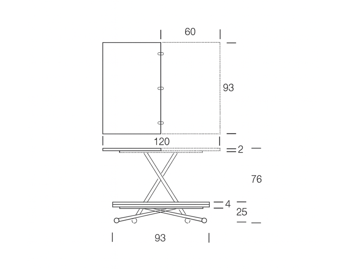 Dimensions et schéma technique de la table basse relevable extensible Amelie Altacom