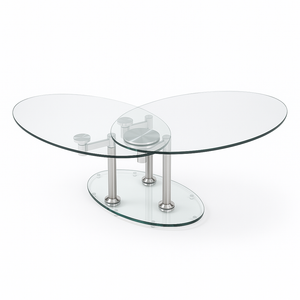 Table basse ovale Daniela – système rotatif – mi-ouvert – verre trempé transparent