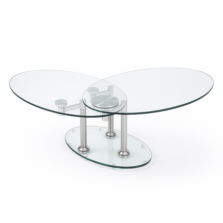 Détail du plateau en verre trempé transparent de la table basse ovale “Daniela” – finition haut de gamme Souffle d’Intérieur.