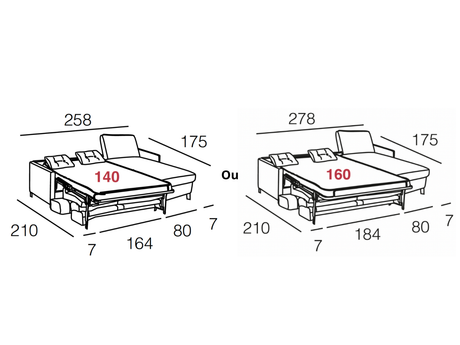Dimensions et plan technique du canapé d'angle convertible Martin – méridienne droite et gauche