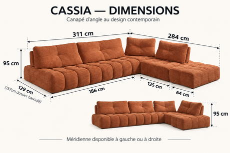 dimensions du canape d'angle en tissu bouclette Cassia modulable