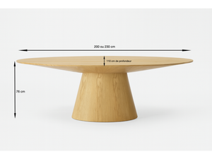 détail des dimensions d'une Table ovale en bois chêne clair avec pied central sur fond blanc

