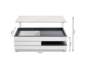 Dimensions et schéma technique de la table basse plateau relevable céramique Manuella