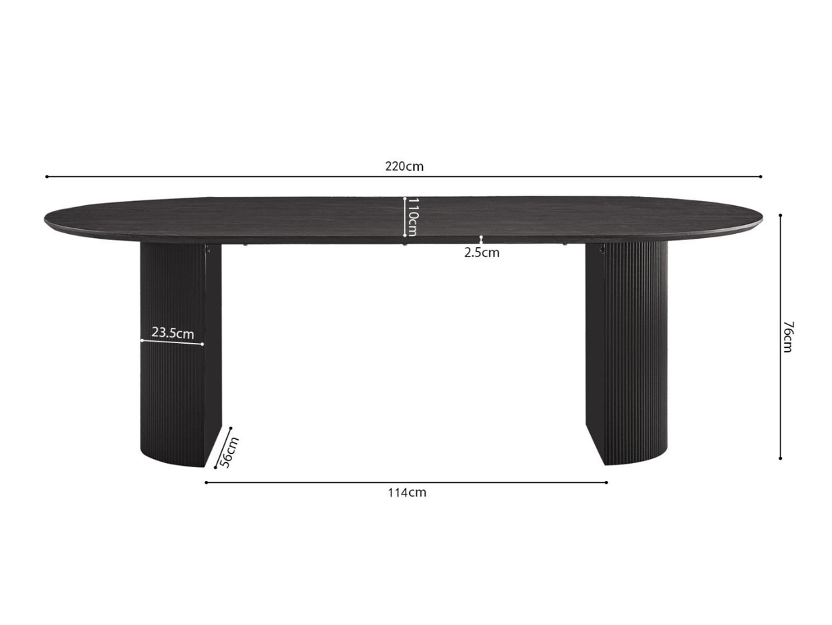 Schéma dimensions table ovale noire Lagosy - 220x100x75 cm - pieds colonnes cannelés
