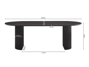 Schéma dimensions table ovale noire Lagosy - 220x100x75 cm - pieds colonnes cannelés
