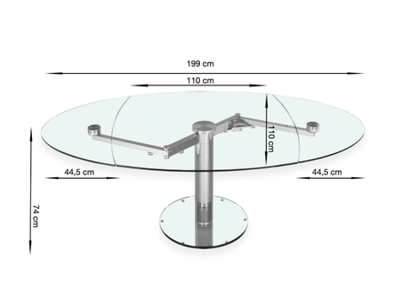 detail des dimensions d'une Table de salle à manger ovale en verre trempé transparente extensible pied central  - Souffle d'intérieur - eda concept