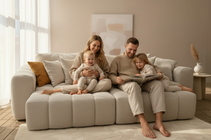 Famille installée sur le canapé Éloïse bouclette beige – ambiance salon contemporain chaleureux