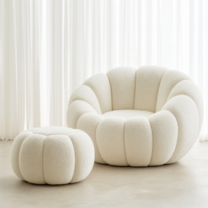 Fauteuil bouclette blanc avec pouf - Cozya