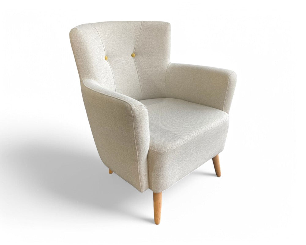 Fauteuil crapaud tissu beige pieds bois clair - Souffle d'intérieur