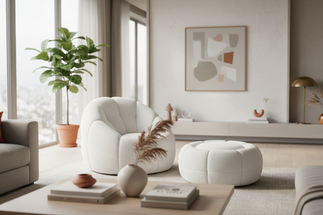 Fauteuil poire et pouf en bouclette blanche dans un salon contemporain