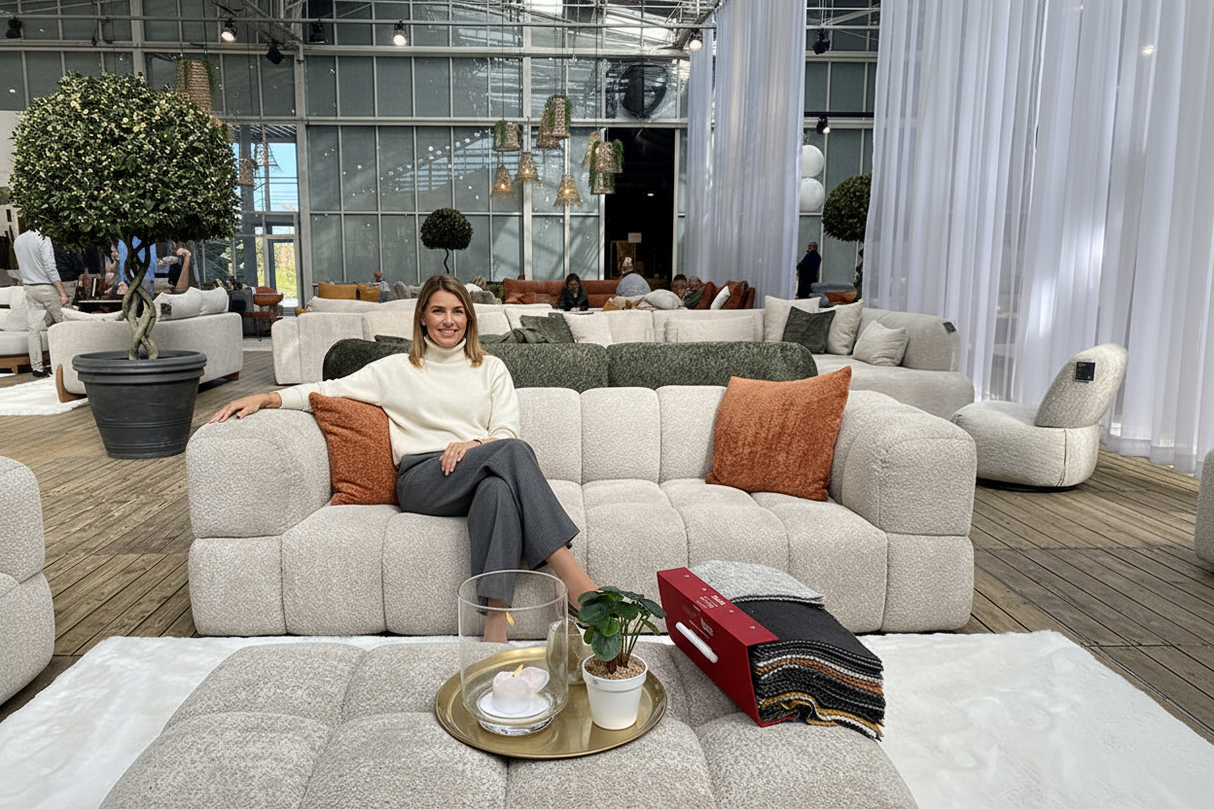 Femme élégante sur canapé beige modulaire