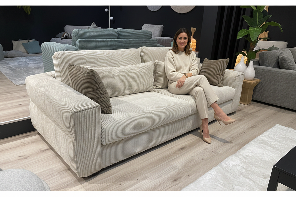 Femme élégante sur canapé beige - vue complète