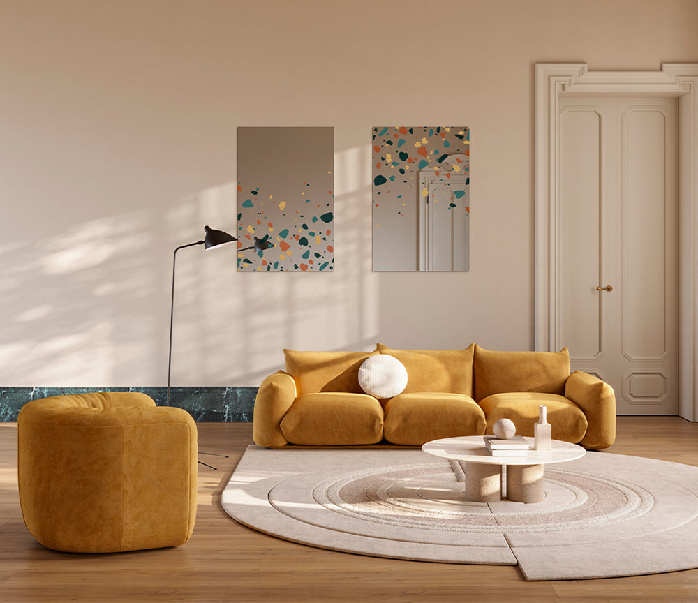 Grand miroir mural rectangulaire motif terrazzo multicolore 120x80 cm – vue de face