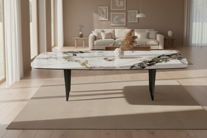 Auguste table céramique 6 mm marbre Doro – vue d'ensemble salle à manger, forme tonneau
