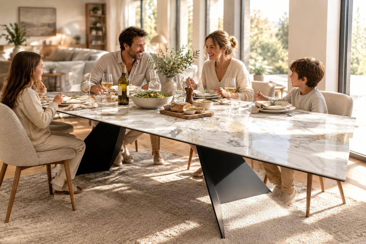 grande table marbre ceramique  extensible vue de biais en position ouverte