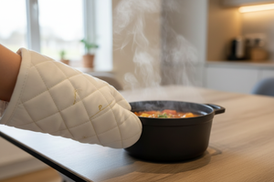 Gros plan émotionnel d'un plat chaud déposé sur la table en céramique effet bois