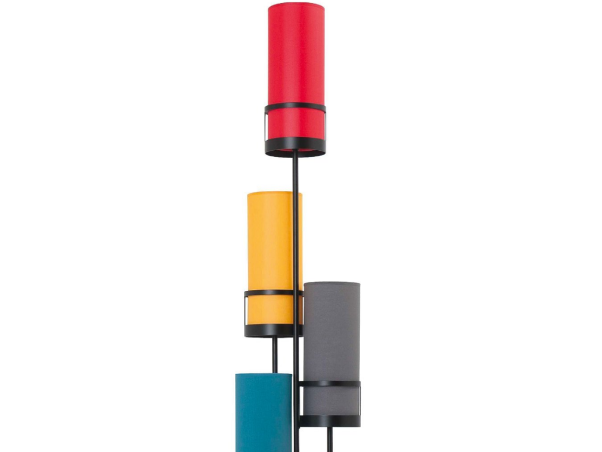 Détail lampadaire de salon – Sixt – abat-jour multicolor – structure métal noir mat