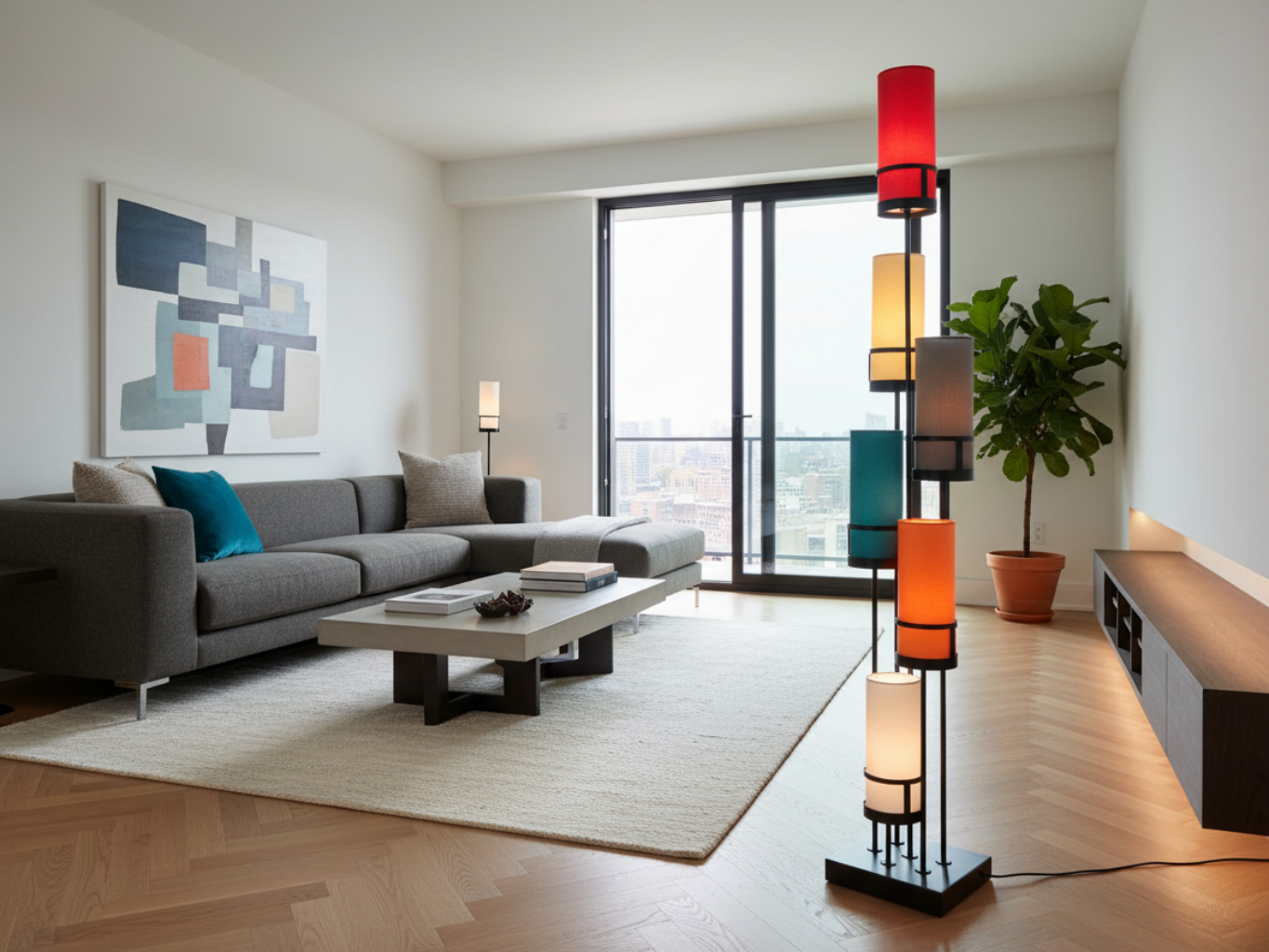 Lampadaire de salon design Sixt en situation – salon – abat-jour multicolor – allumé