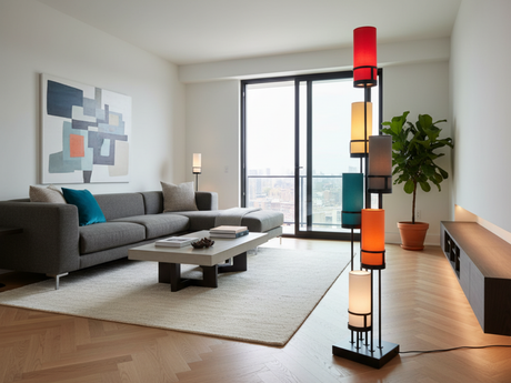 Lampadaire de salon design Sixt en situation – salon – abat-jour multicolor – allumé