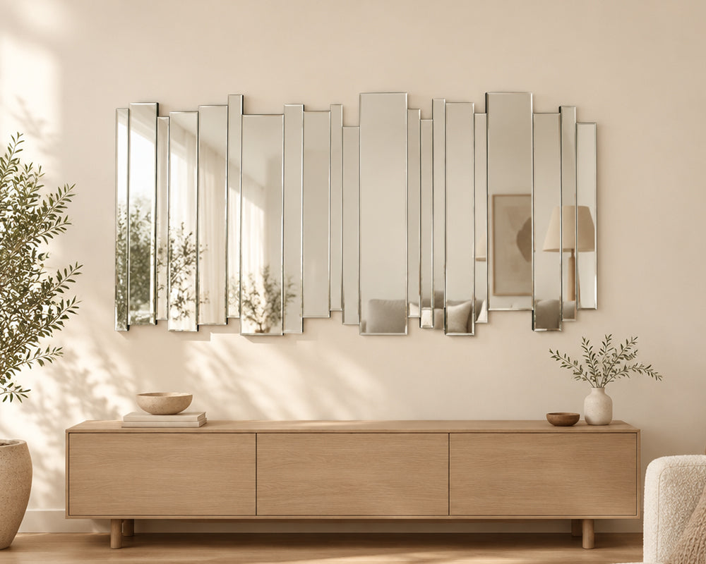 Miroir contemporain design Esca en situation – salle de séjour – argenté sans cadre