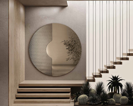 Miroir rond design Ilio en situation – entrée d'accueil – bronze sans cadre