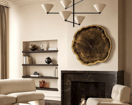 Miroir rond mural design Arbo noir en situation – salon – vue face