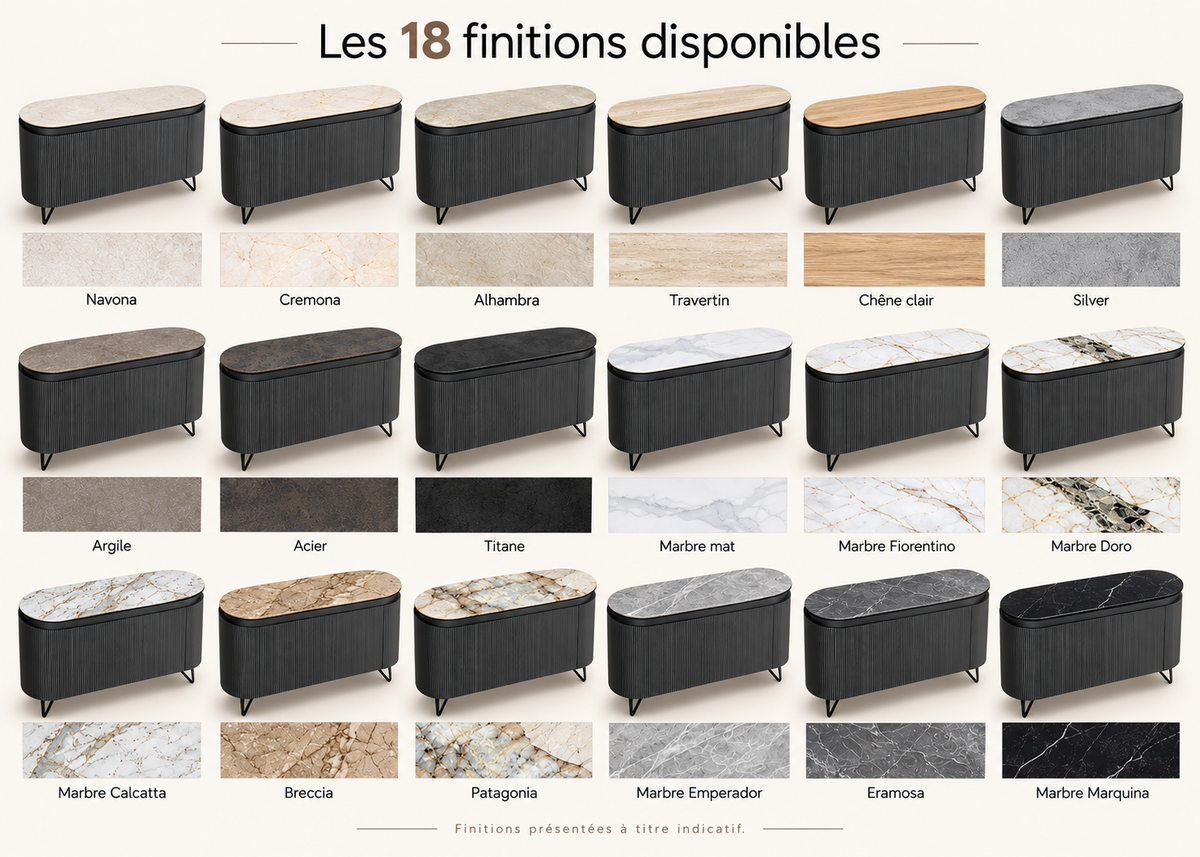 Nuancier des 18 finitions de plateau céramique du buffet Columbus Akante