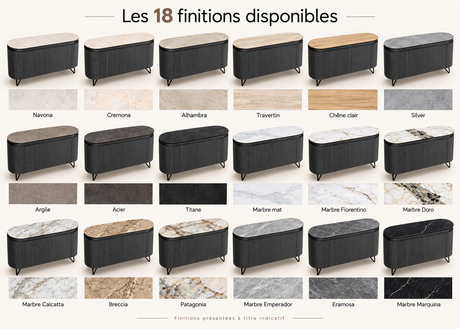 Nuancier des 18 finitions de plateau céramique du buffet Columbus Akante