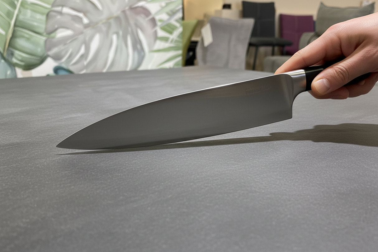 Plateau céramique gris ardoise mat anti-rayures - test couteau