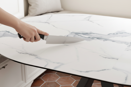 Plateau céramique marbre blanc mat anti-rayures - test couteau