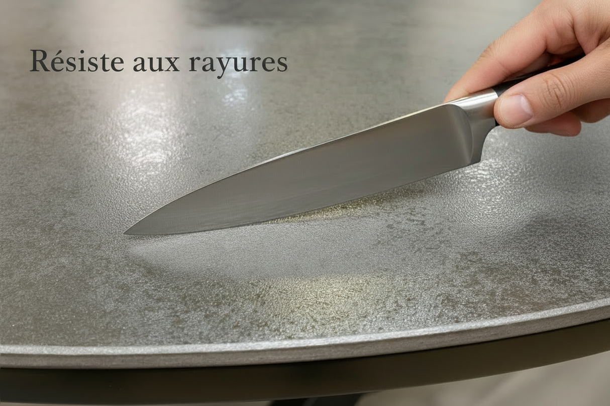 Ophélie céramique – test résistance aux rayures, couteau glissant sur le plateau, surface intègre