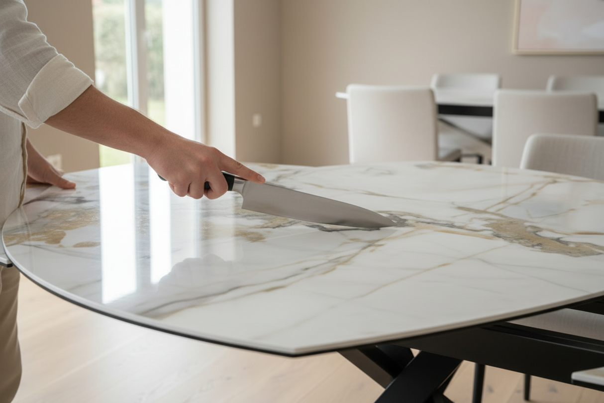 Plateau céramique marbre anti-rayures - test couteau