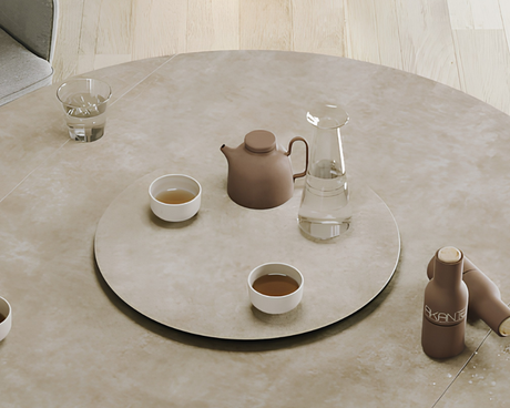 Plateau tournant céramique pour table Lazy – vue 3/4 – argile – Ø55
