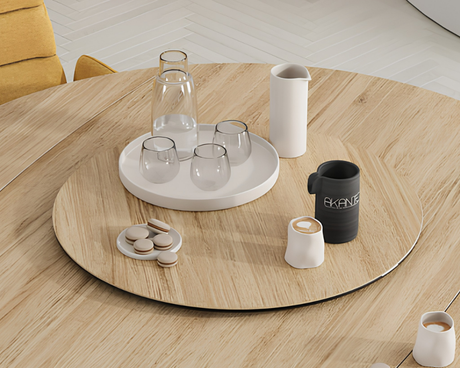 Plateau tournant céramique pour table Lazy – vue 3/4 – chêne clair – Ø75